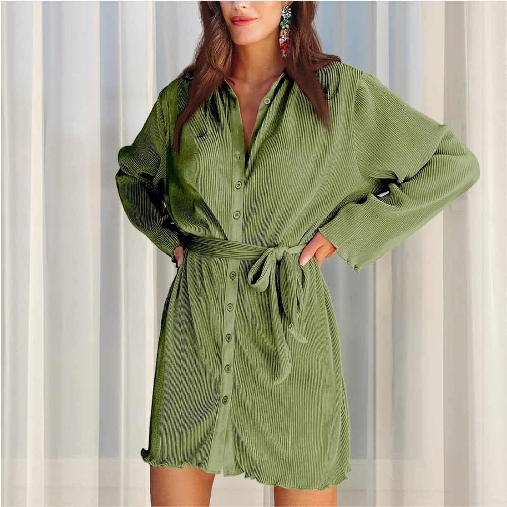 Chic Green Pleated Shirt Dress - Button Down, Long Sleeve, Belted